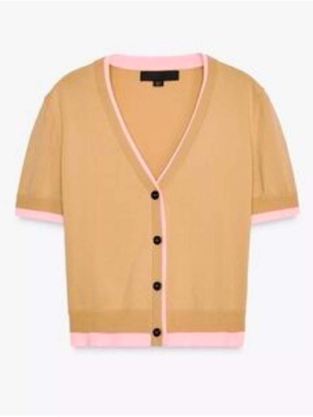 Zara Short-Sleeve V-Neck Cardigan in Camel with Pink Trim